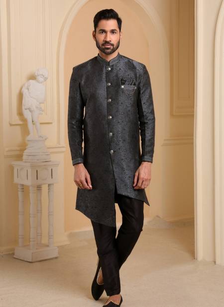 Dark Gray Colour Heavy Jacquard Silk Digital Print Wedding Wear Indo Western Mens Collection 9241